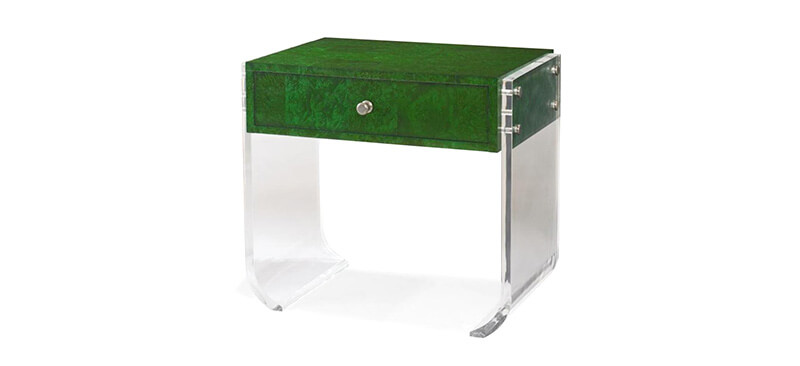 A nightstand in a bright green finish and acrylic legs, by Century Furniture